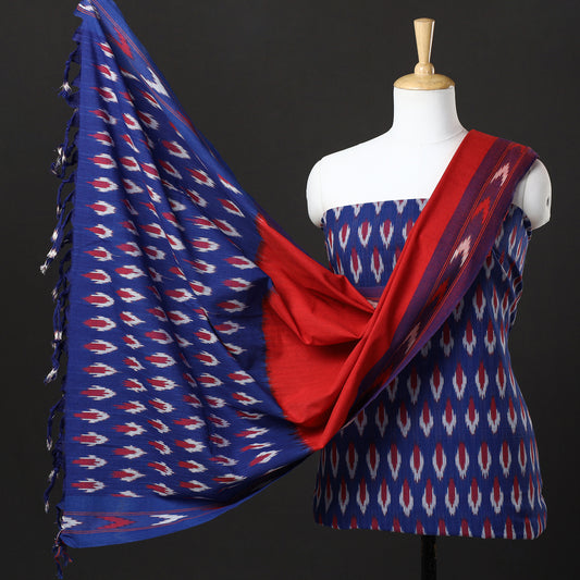 Blue - 3pc Pochampally Ikat Weave Handloom Cotton Suit Material Set 32