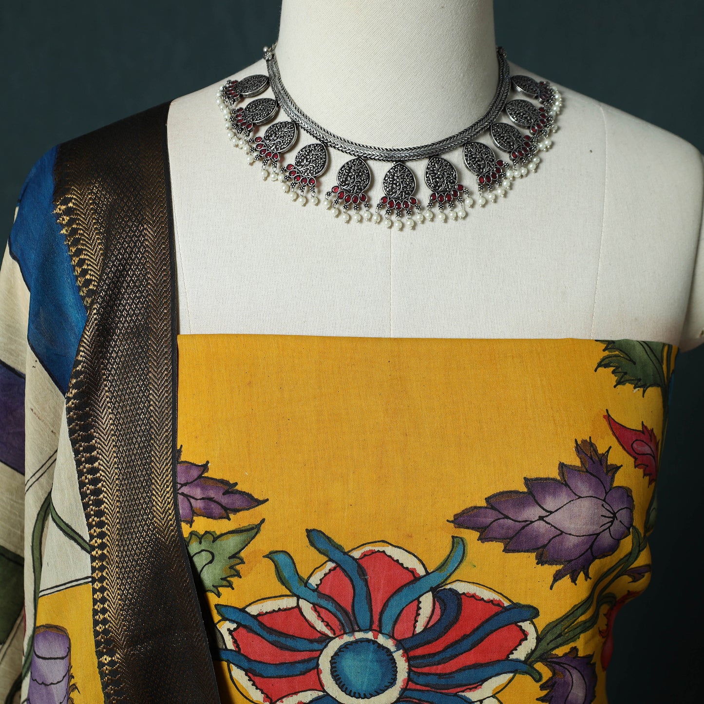 Handpainted Srikalahasti Pen Work Kalamkari Bangalore Silk 2pc Unstitched Dress Material Kurta Set 25