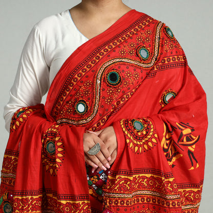 Red - Kutch Hand Embroidery Mirror Work Printed Cotton Dupatta 61