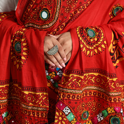 Red - Kutch Hand Embroidery Mirror Work Printed Cotton Dupatta 61