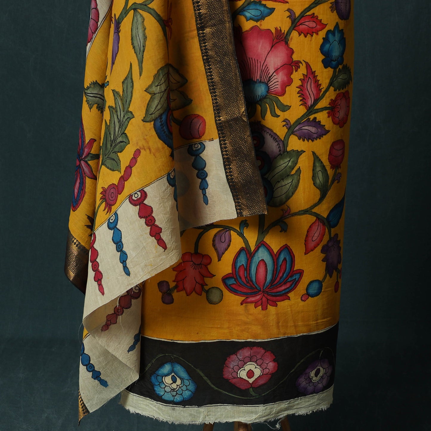 Handpainted Srikalahasti Pen Work Kalamkari Bangalore Silk 2pc Unstitched Dress Material Kurta Set 25