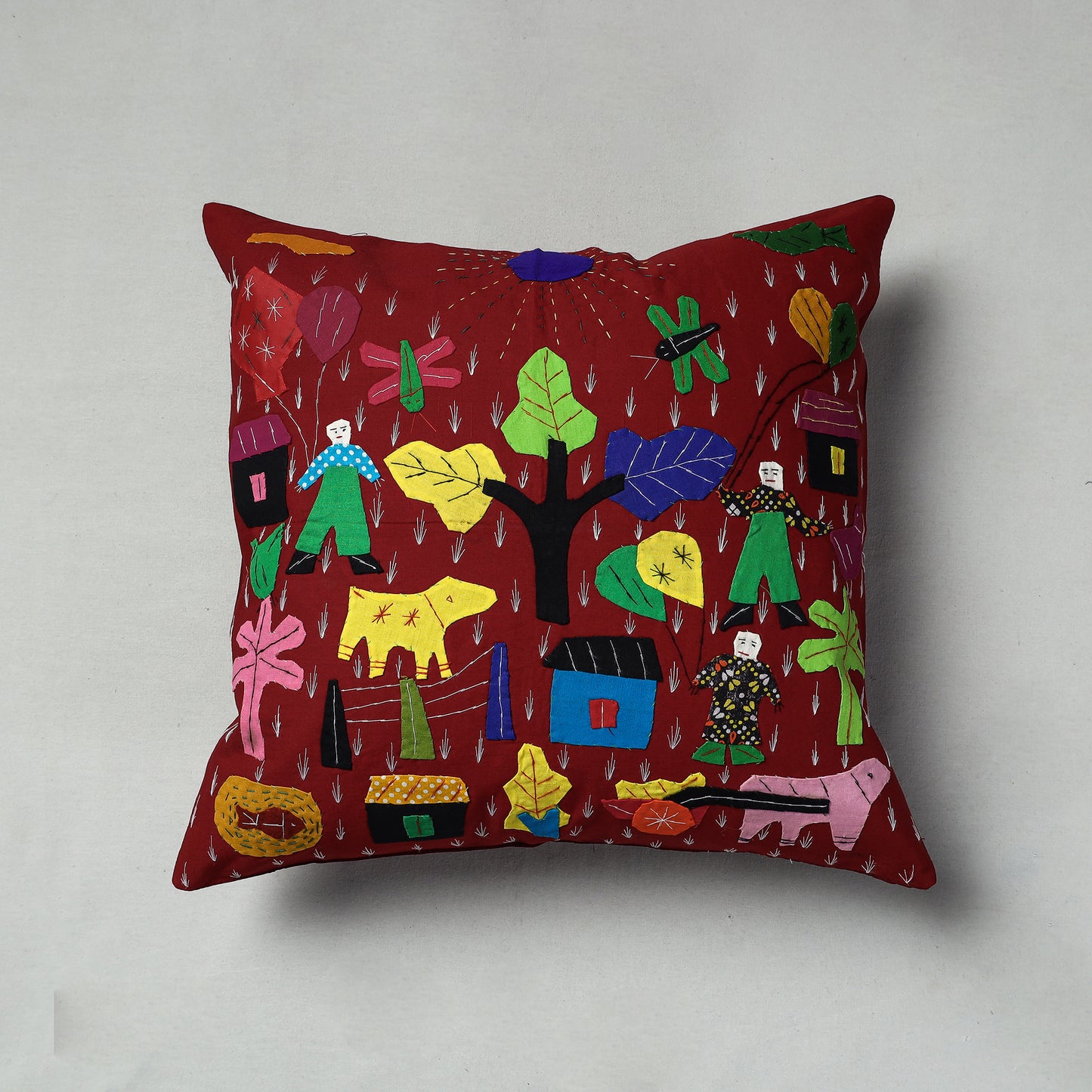 Red - Pipli Applique Work Cotton Cushion Cover (16 x 16 in)