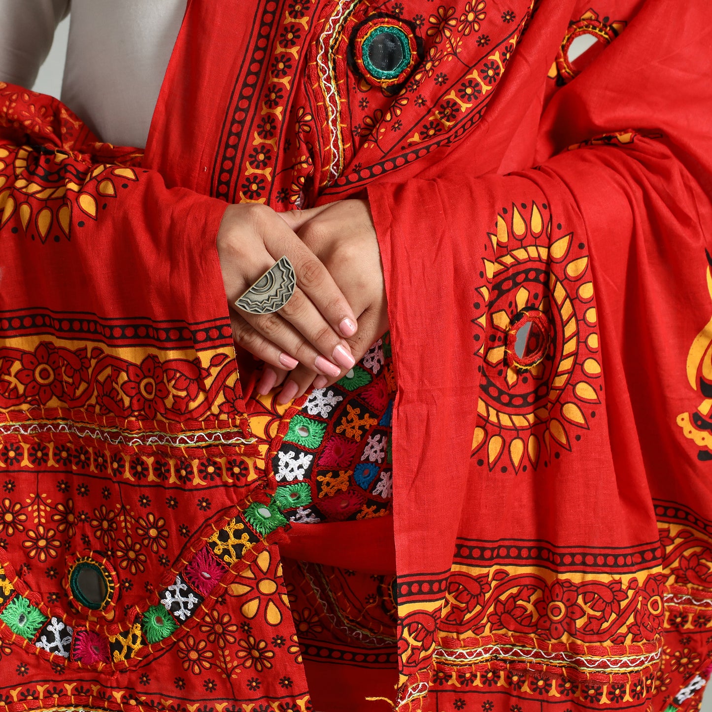 Red - Kutch Hand Embroidery Mirror Work Printed Cotton Dupatta 62