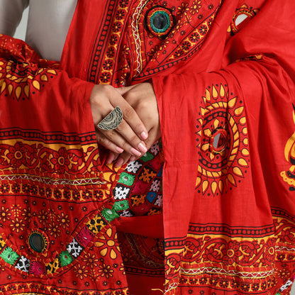 Red - Kutch Hand Embroidery Mirror Work Printed Cotton Dupatta 63