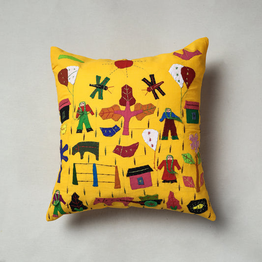 Yellow - Pipli Applique Work Cotton Cushion Cover (16 x 16 in)
