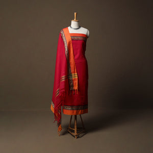 Red - Dharwad Mercerised Cotton 3pc Unstitched Dress Material Suit Set with Woven Border 08