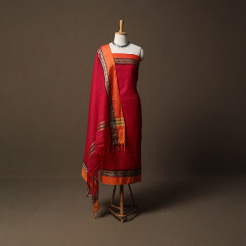 Red - Dharwad Mercerised Cotton 3pc Unstitched Dress Material Suit Set with Woven Border 08