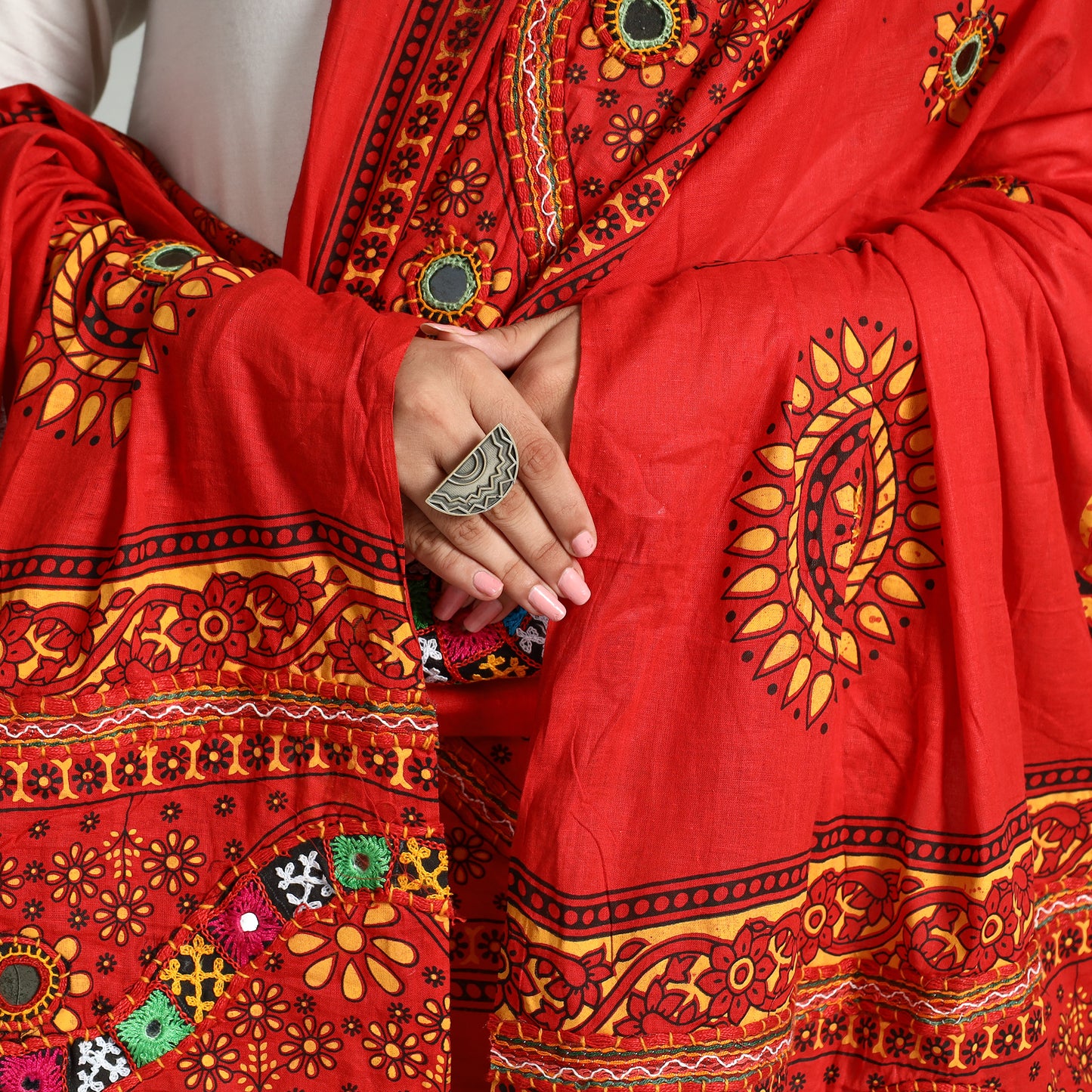 Red - Kutch Hand Embroidery Mirror Work Printed Cotton Dupatta 64