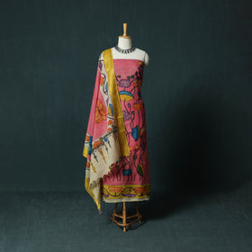 Handpainted Srikalahasti Pen Work Kalamkari Bangalore Silk 2pc Unstitched Dress Material Kurta Set 27