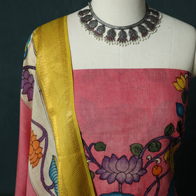 Handpainted Srikalahasti Pen Work Kalamkari Bangalore Silk 2pc Unstitched Dress Material Kurta Set 27