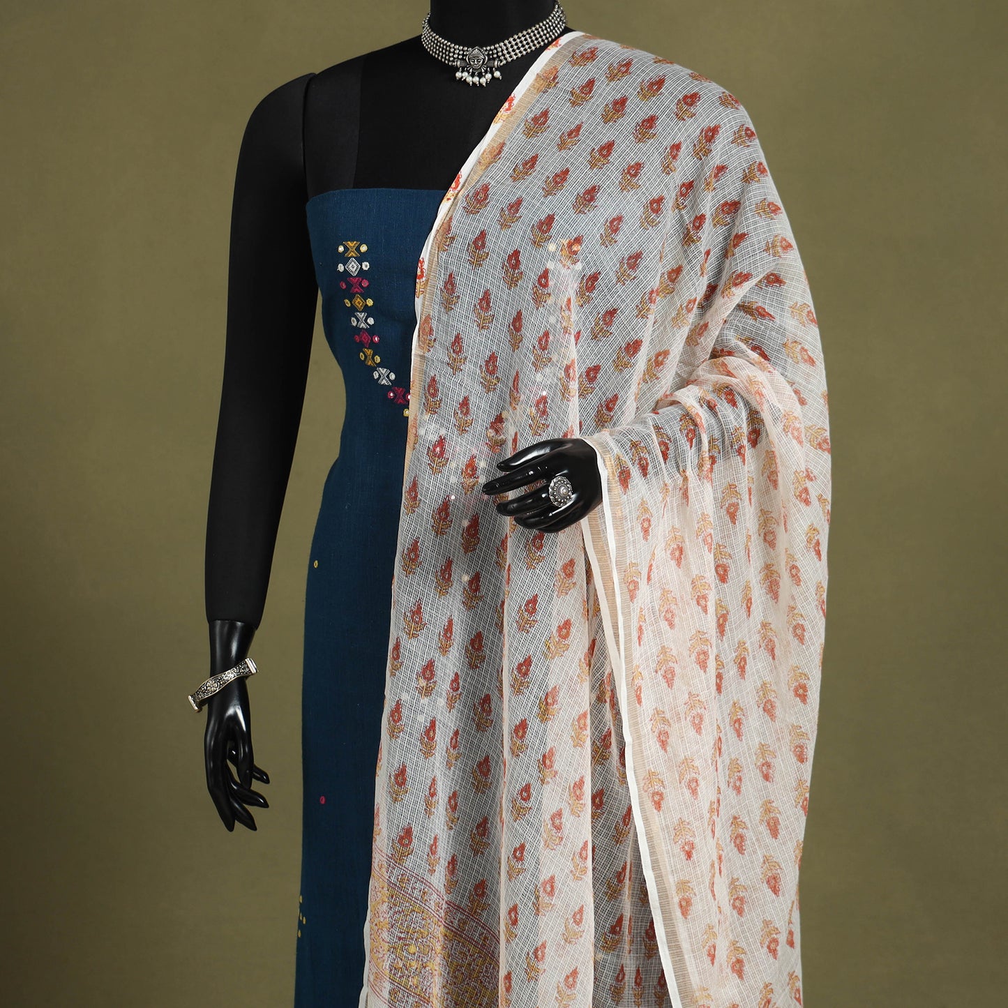 White - kota doria cotton sanganeri floral dupatta 29