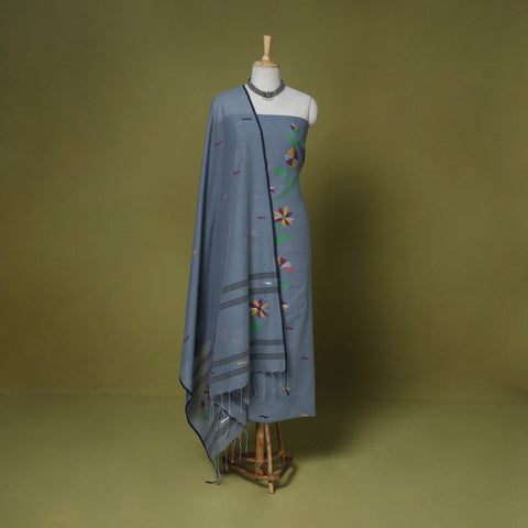 Grey - 2pc handloom cotton unstitched phulia jamdani dress