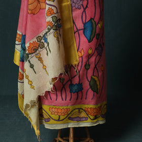 Handpainted Srikalahasti Pen Work Kalamkari Bangalore Silk 2pc Unstitched Dress Material Kurta Set 27