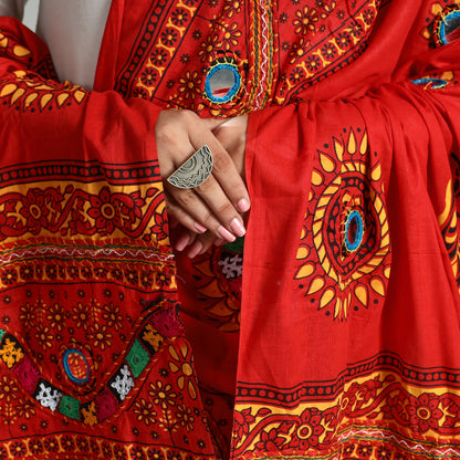 Red - Kutch Hand Embroidery Mirror Work Printed Cotton Dupatta 65