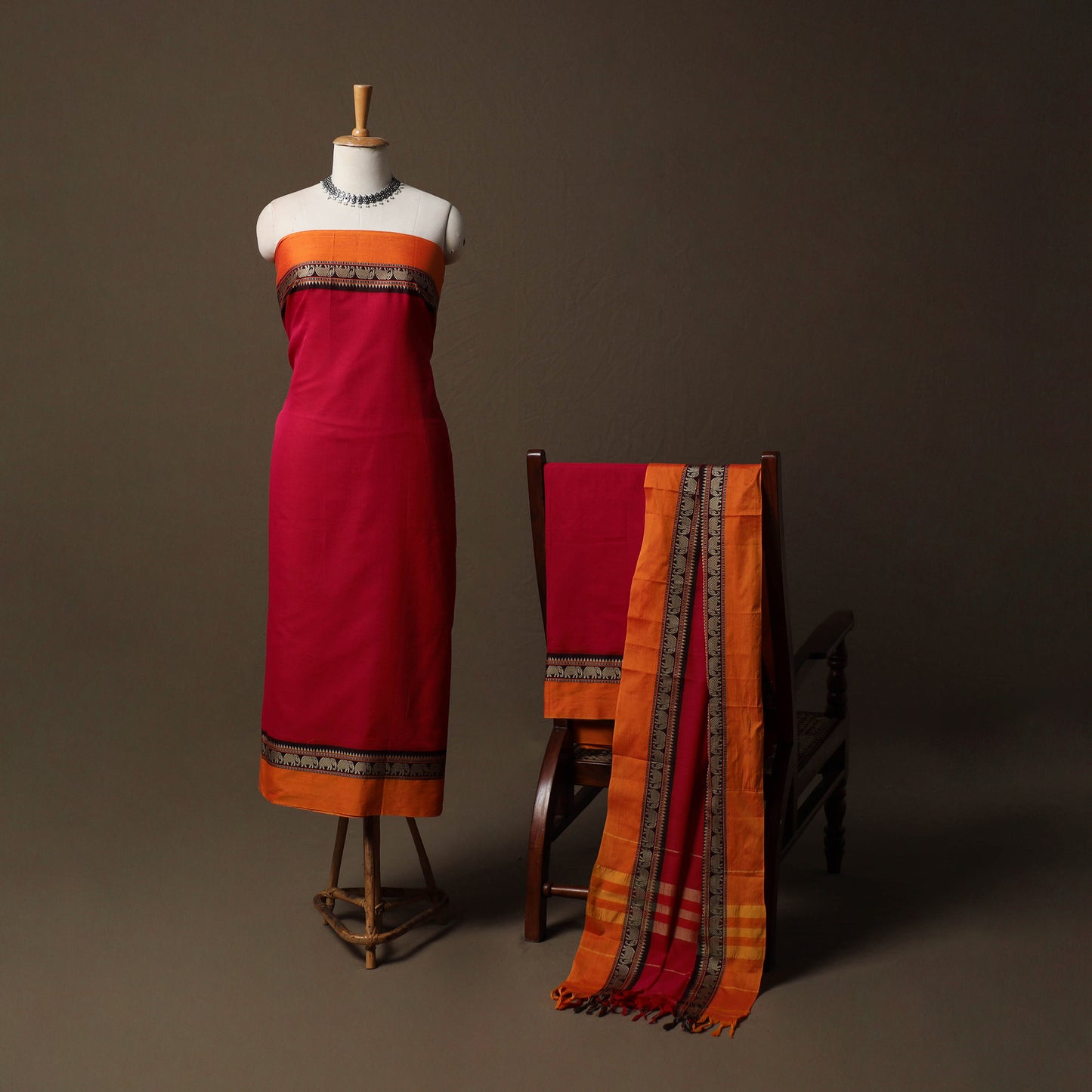 Dharwad Mercerised Cotton 3pc Unstitched Dress Material Suit Set with Woven Border 10