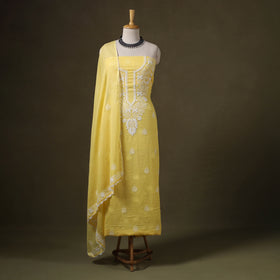 Yellow 2pc Kota Doria Cotton Lucknow Chikankari Dress Material 