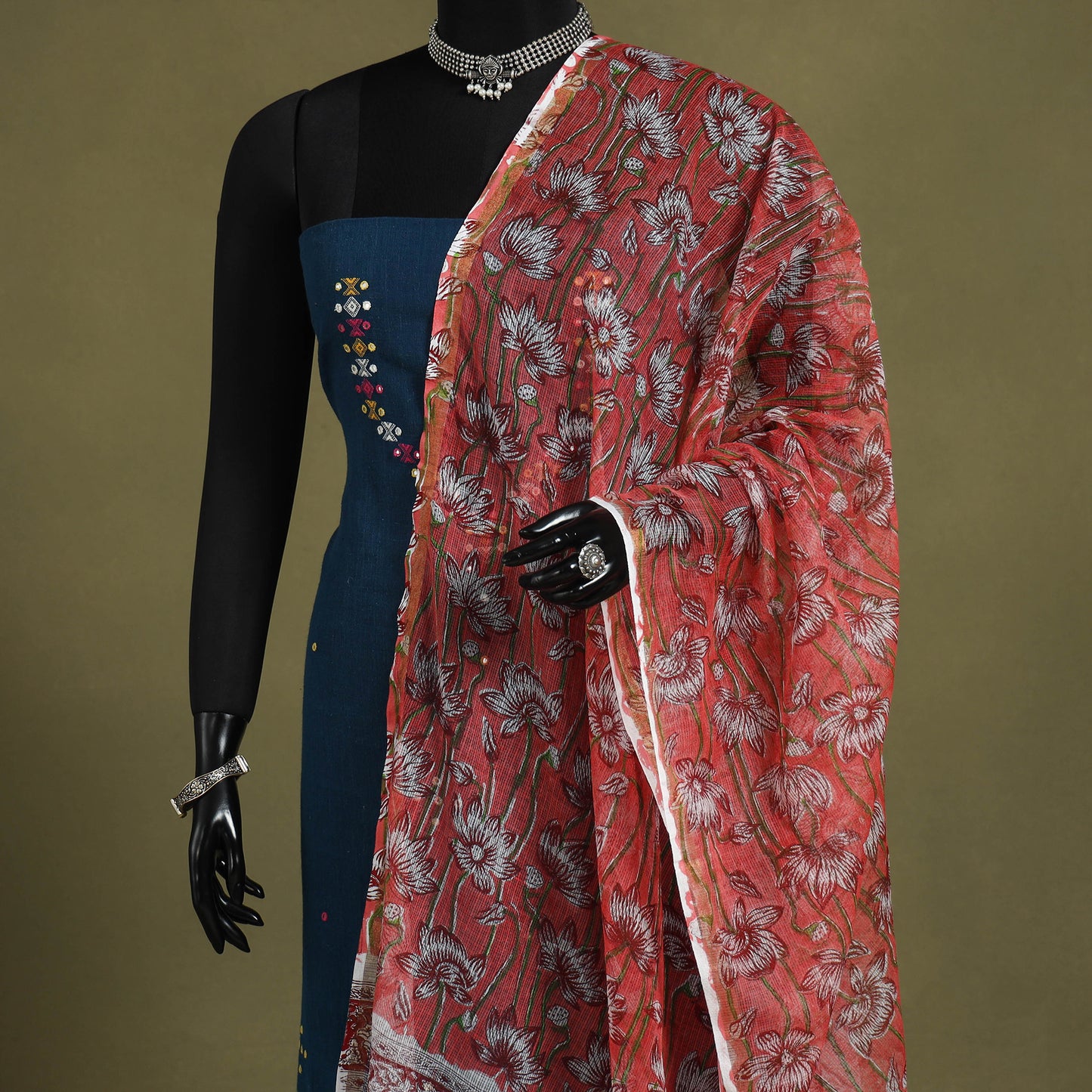 Red - kota doria cotton sanganeri floral dupatta 30