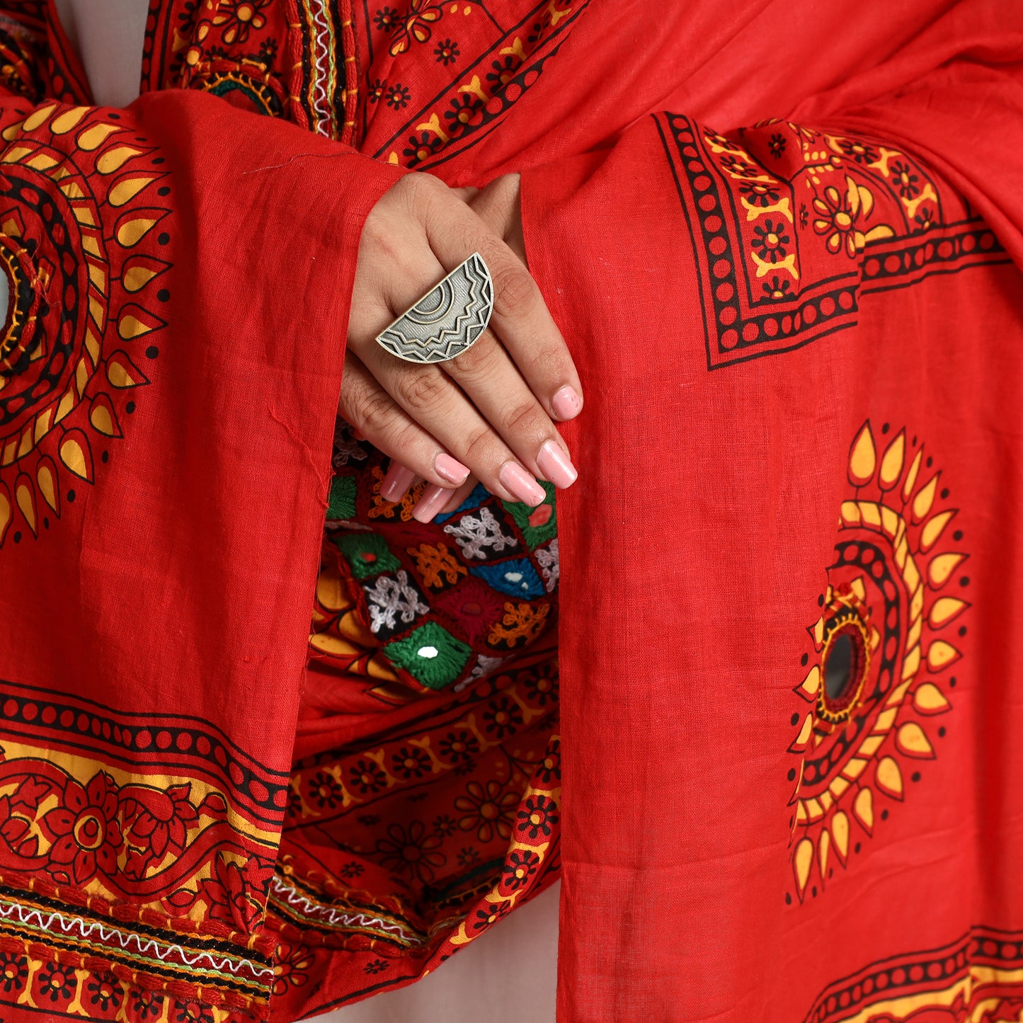 Red - Kutch Hand Embroidery Mirror Work Printed Cotton Dupatta 66