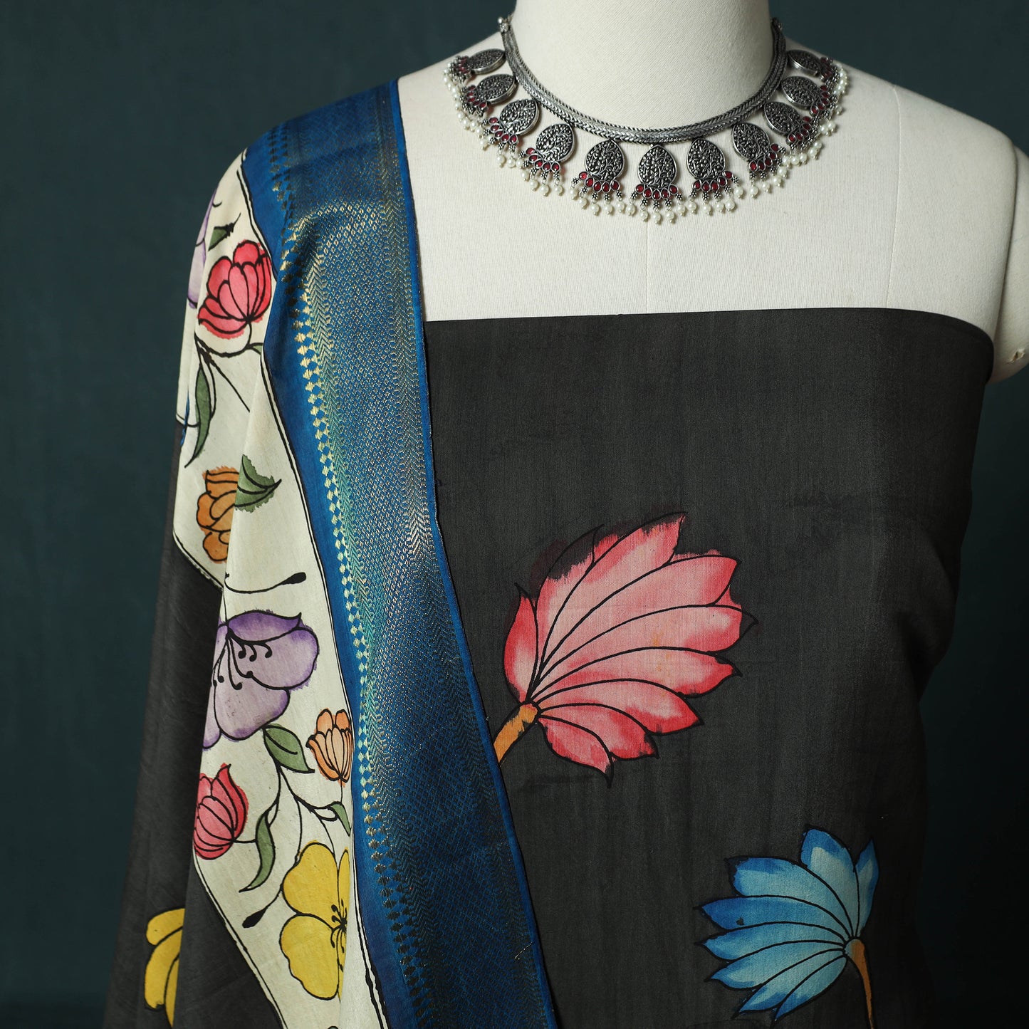 Handpainted Srikalahasti Pen Work Kalamkari Natural Dyed Bangalore Silk 2pc Unstitched Dress Material Kurta Set 28