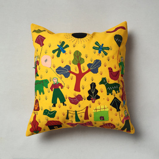Yellow - Pipli Applique Work Cotton Cushion Cover (16 x 16 in)