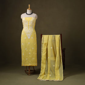 Yellow 2pc Kota Doria Cotton Lucknow Chikankari Dress Material 
