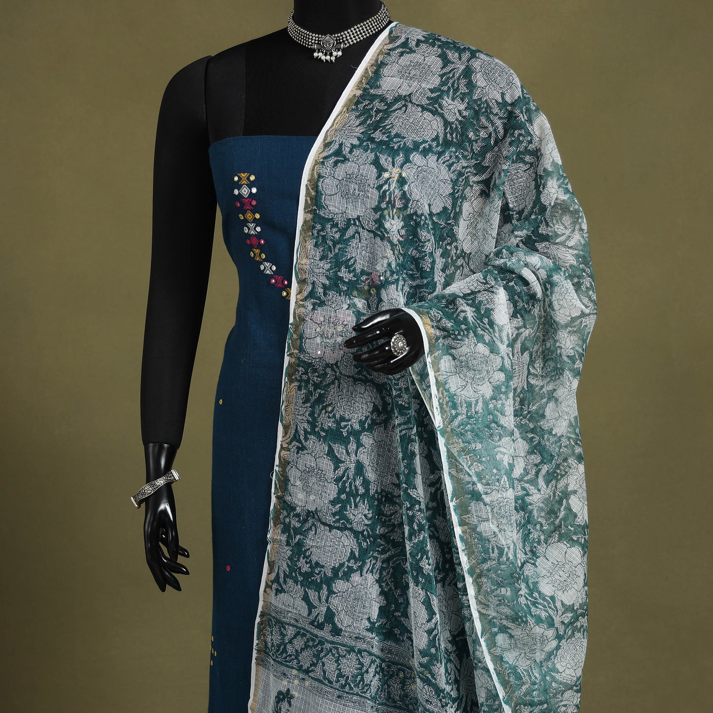 Green Block Print Kota Doria Cotton Sanganeri Floral Dupatta 