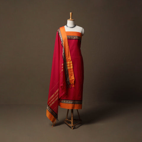 Red - Dharwad Mercerised Cotton 3pc Unstitched Dress Material Suit Set with Woven Border 10