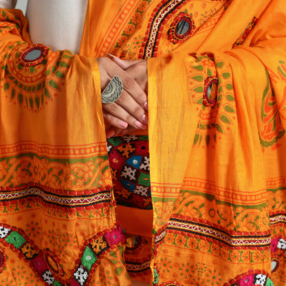 Orange - Kutch Hand Embroidery Mirror Work Printed Cotton Dupatta 67