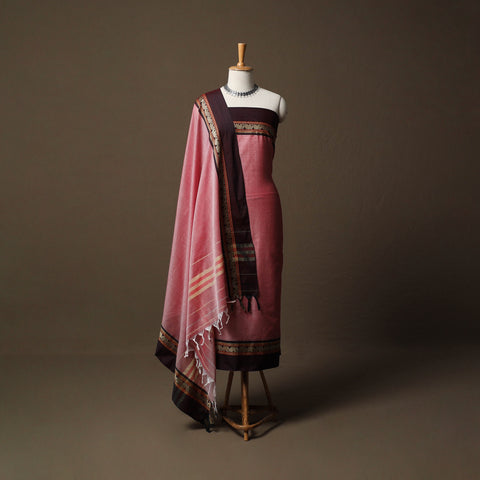 Pink - Dharwad Mercerised Cotton 3pc Unstitched Dress Material Suit Set with Woven Border 11