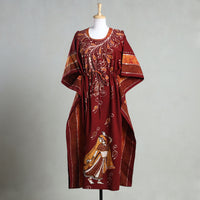 Red - Hand Batik Printed Cotton Kaftan with Tie-Up Waist (Long)