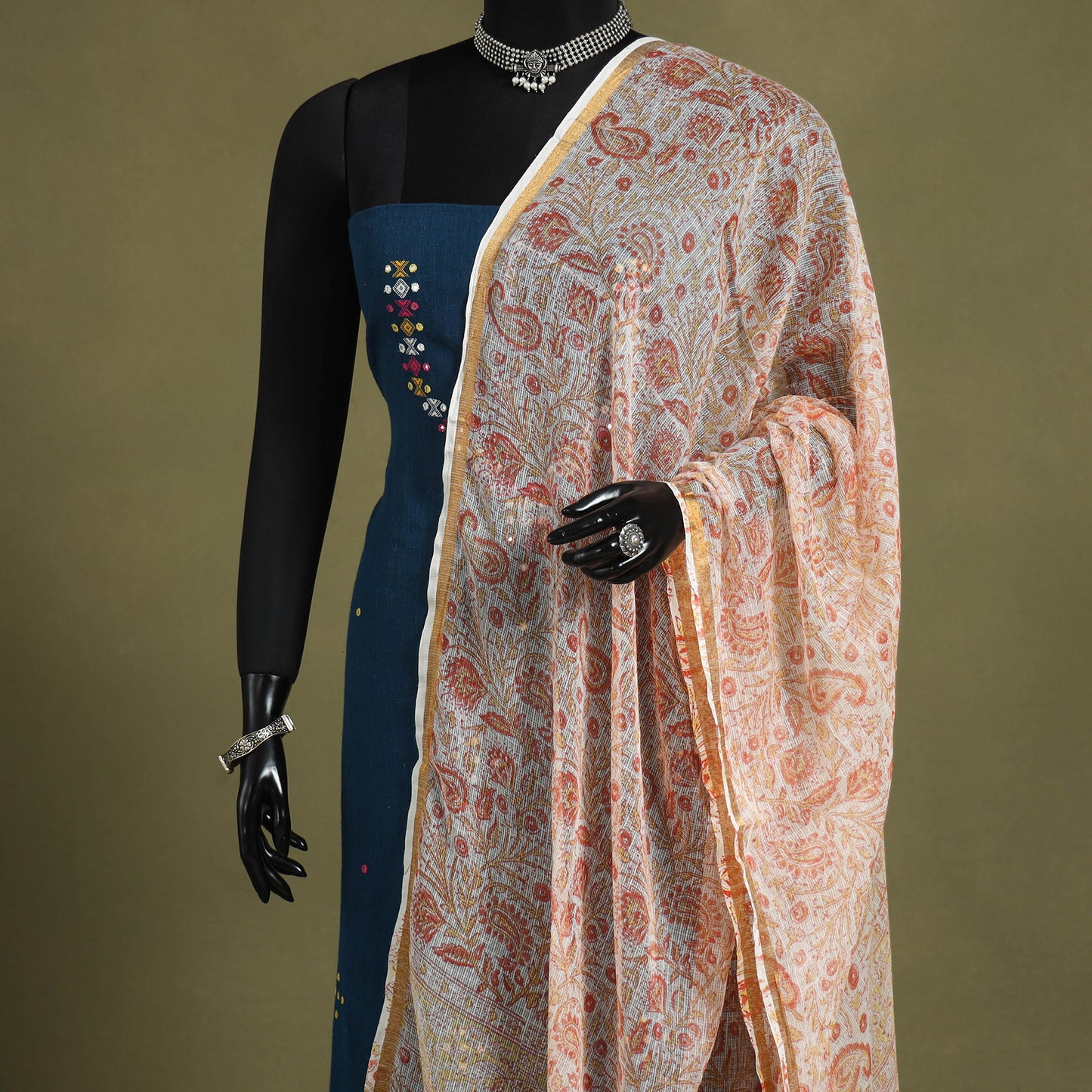 Peach Block Print Kota Doria Cotton Sanganeri Floral Dupatta 