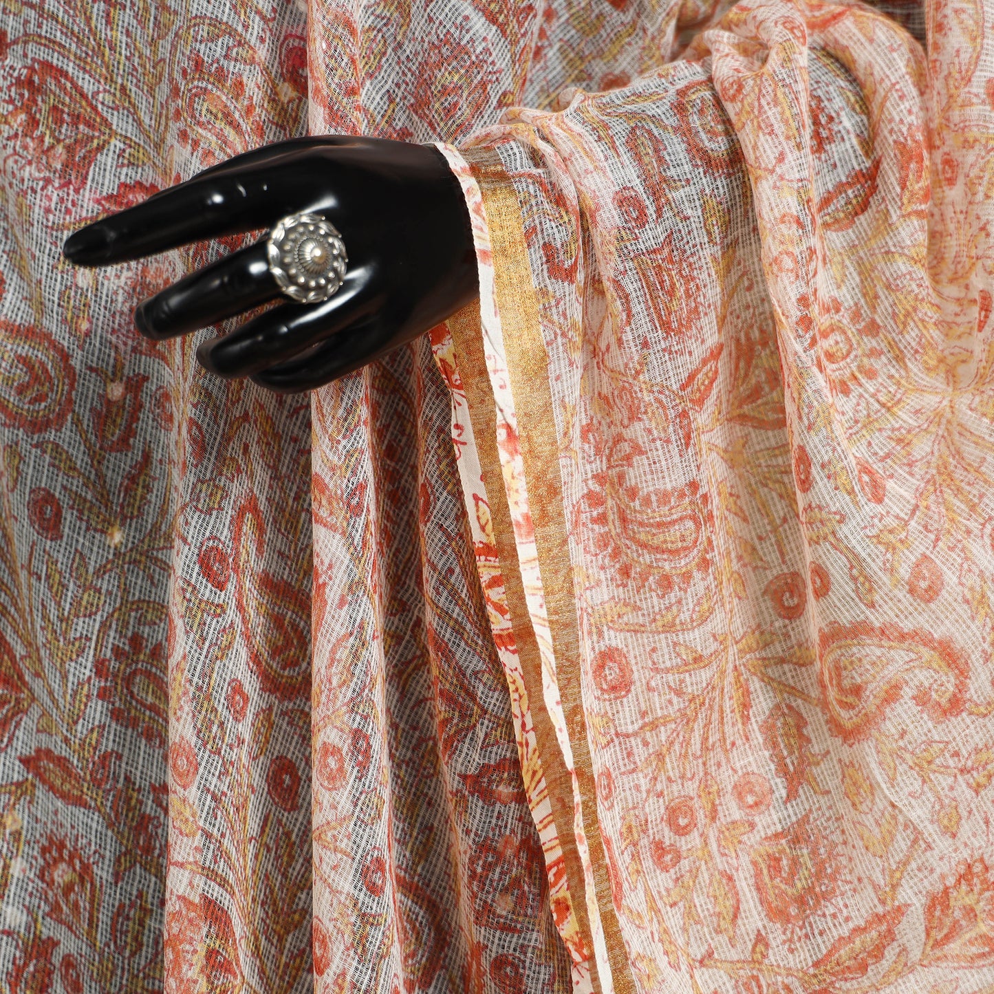 Peach Block Print Kota Doria Cotton Sanganeri Floral Dupatta 