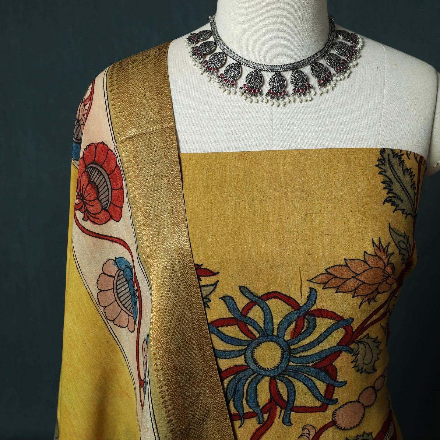 Handpainted Srikalahasti Pen Work Kalamkari Natural Dyed Bangalore Silk 2pc Unstitched Dress Material Kurta Set 29