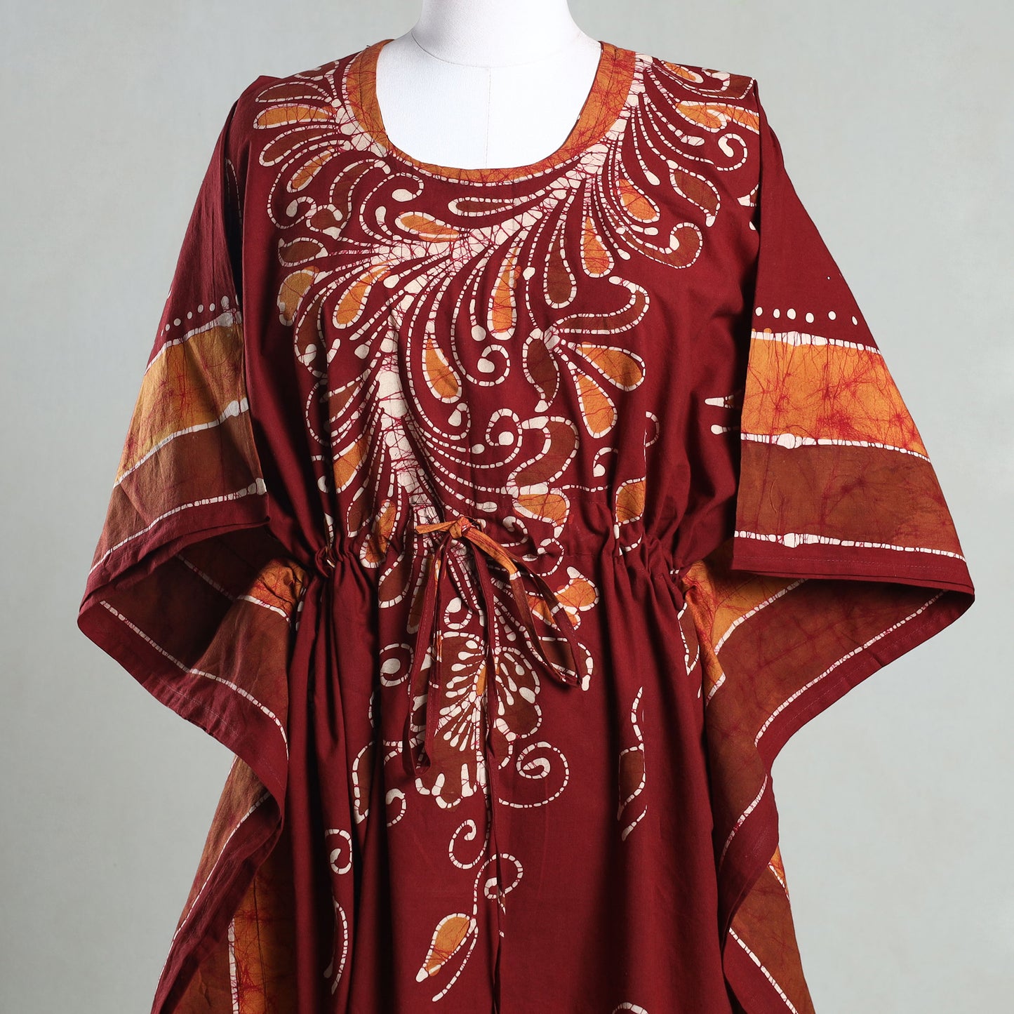 Red - Hand Batik Printed Cotton Kaftan with Tie-Up Waist (Long)