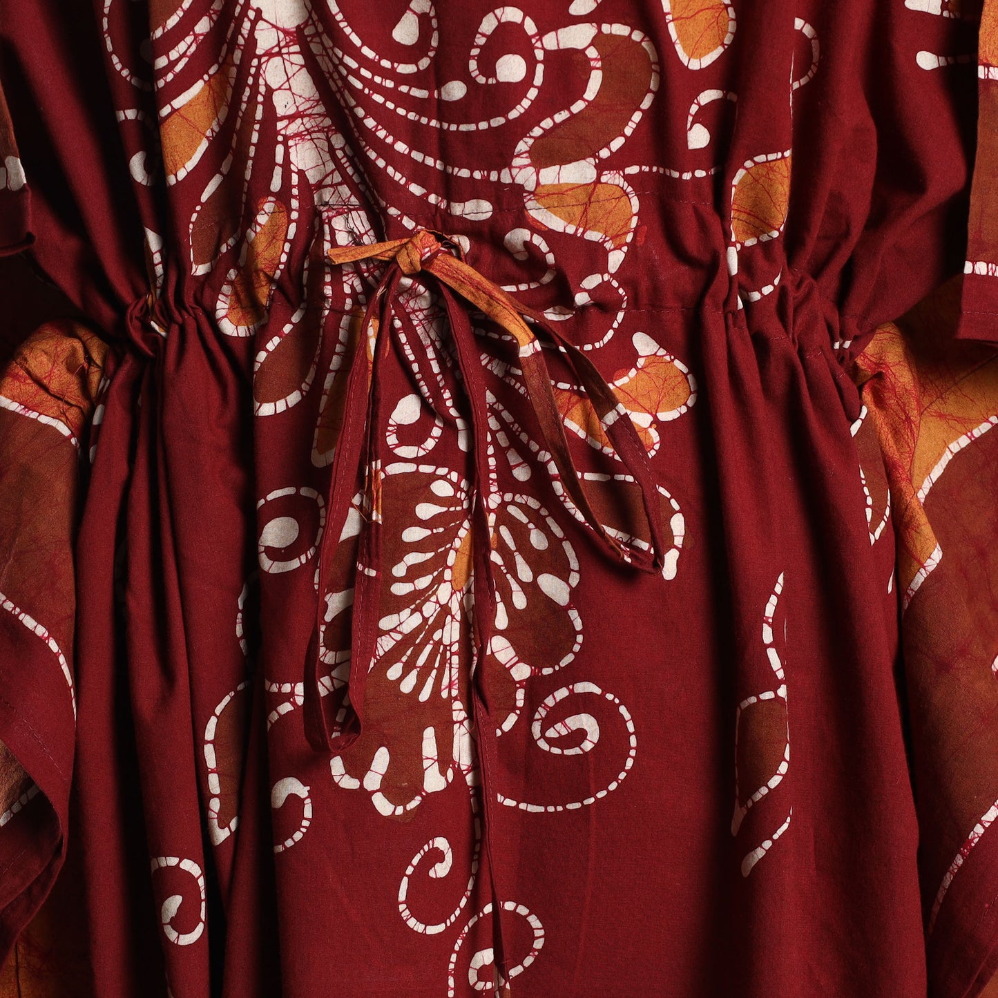 Red - Hand Batik Printed Cotton Kaftan with Tie-Up Waist (Long)