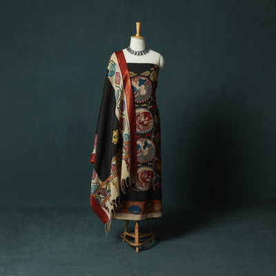 Handpainted Srikalahasti Pen Work Kalamkari Natural Dyed Bangalore Silk 2pc Unstitched Dress Material Kurta Set 30