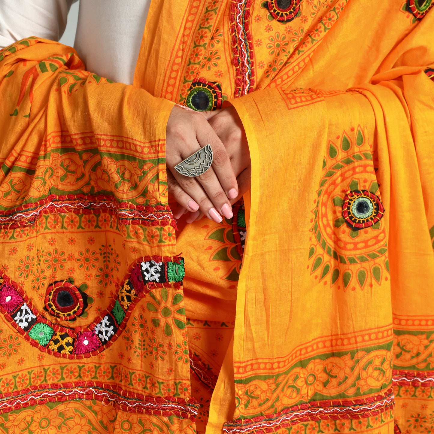 Orange - Kutch Hand Embroidery Mirror Work Printed Cotton Dupatta 69