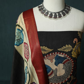 Handpainted Srikalahasti Pen Work Kalamkari Natural Dyed Bangalore Silk 2pc Unstitched Dress Material Kurta Set 30