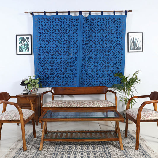 Blue - Applique Flower Cutwork Cotton Window Curtain from Barmer (5 x 3.5 feet) (single piece)