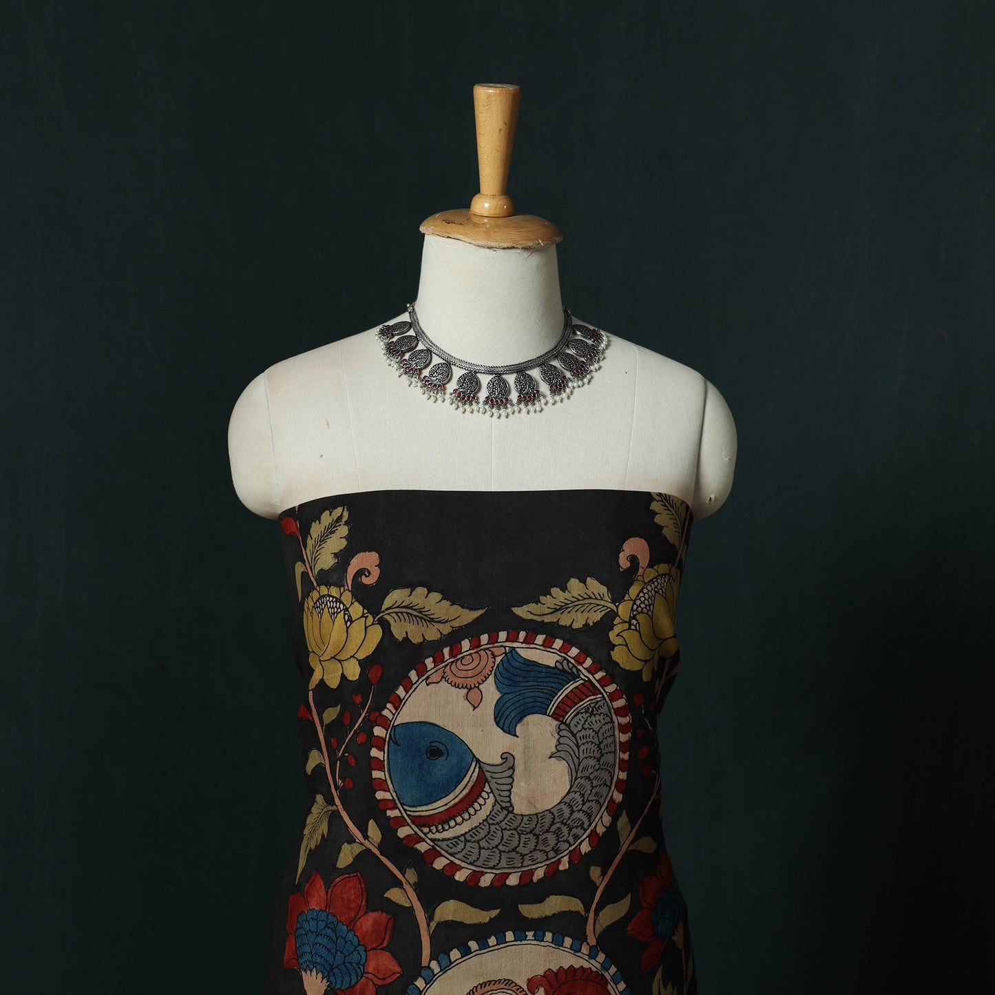 Handpainted Srikalahasti Pen Work Kalamkari Natural Dyed Bangalore Silk 2pc Unstitched Dress Material Kurta Set 30