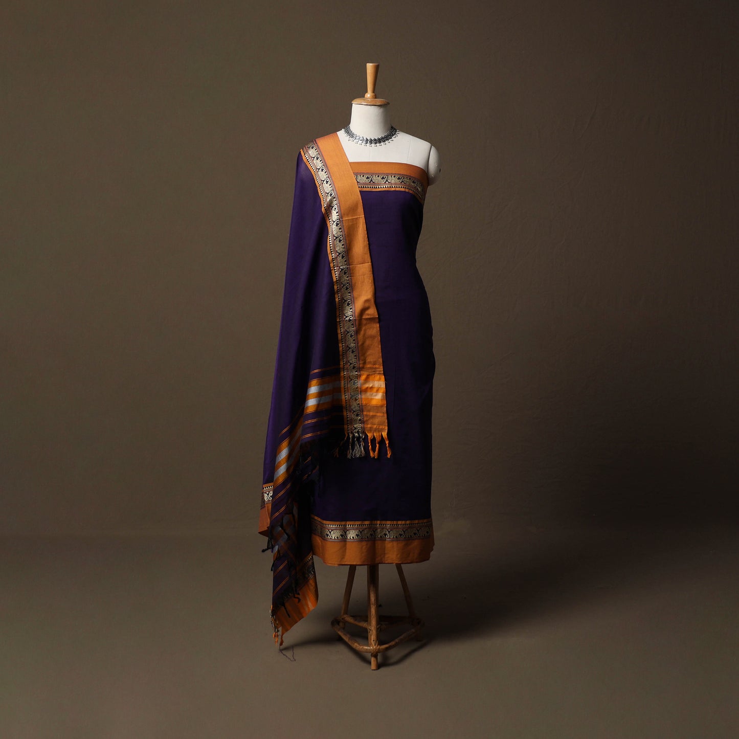 Dharwad Mercerised Cotton 3pc Unstitched Dress Material Suit Set with Woven Border 13
