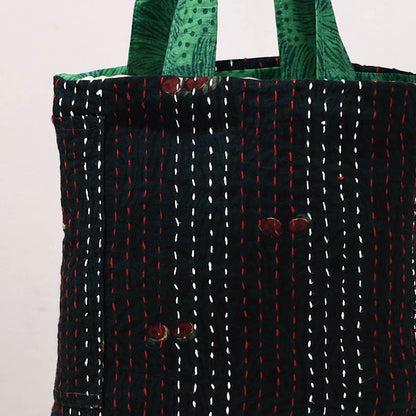 Black - Kantha Work Block Print Cotton Shoulder Bag