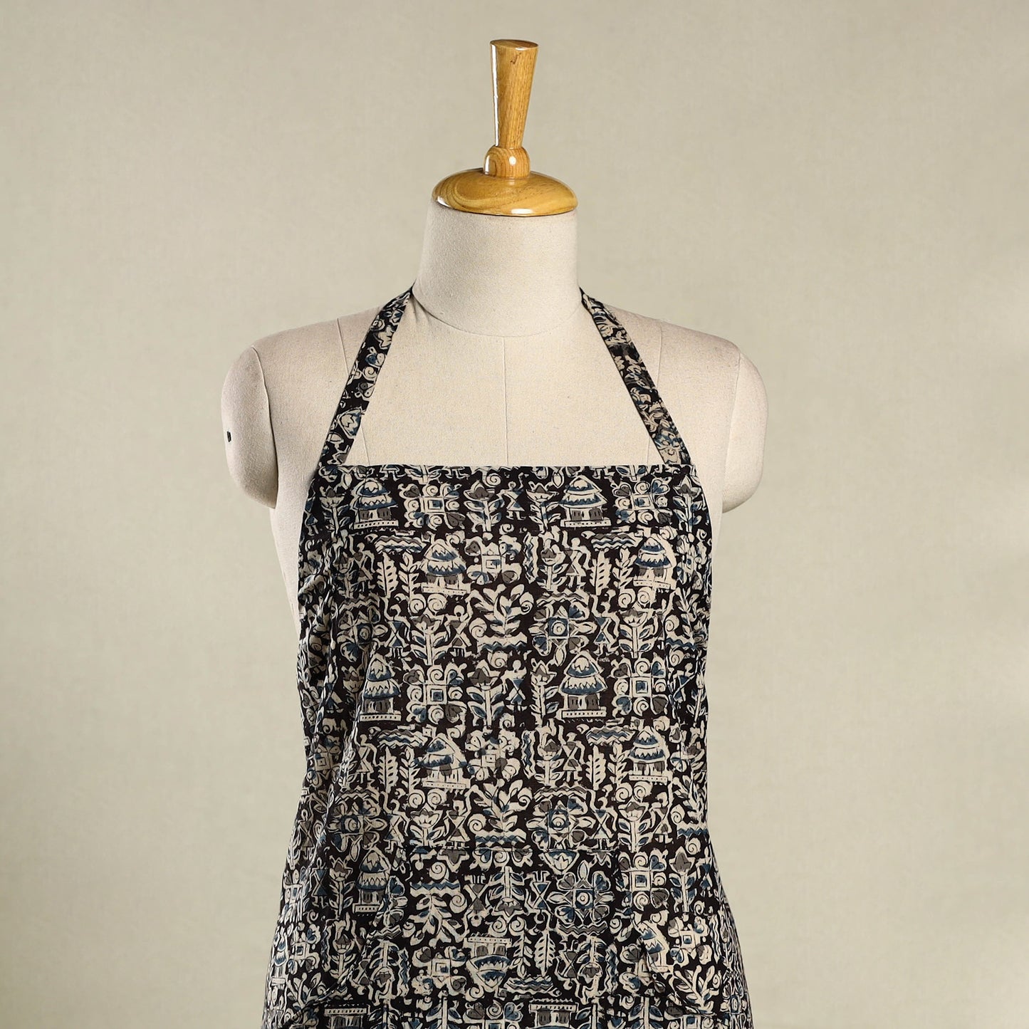 Black Kalamkari Block Print Cotton Apron with Pocket