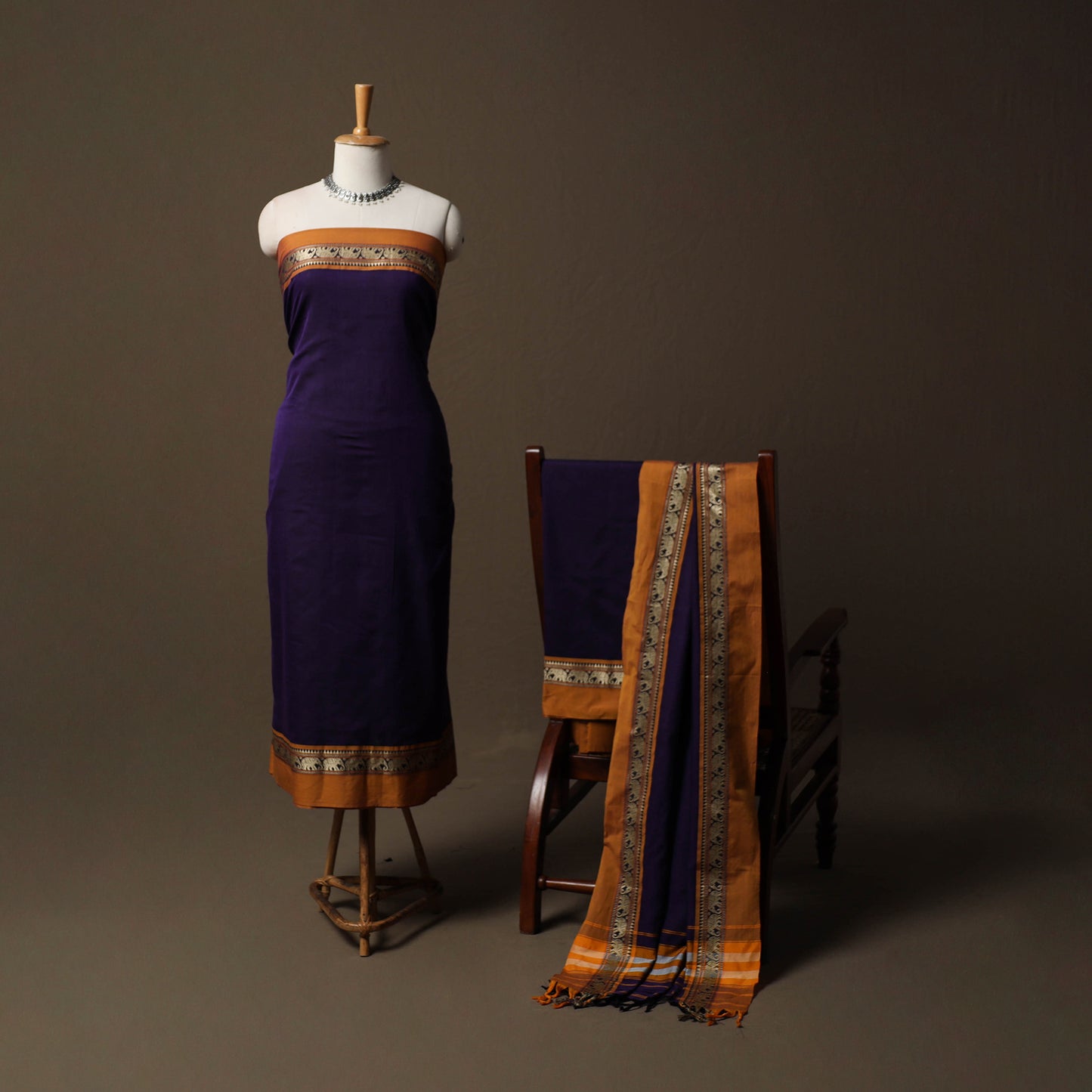 Dharwad Mercerised Cotton 3pc Unstitched Dress Material Suit Set with Woven Border 13