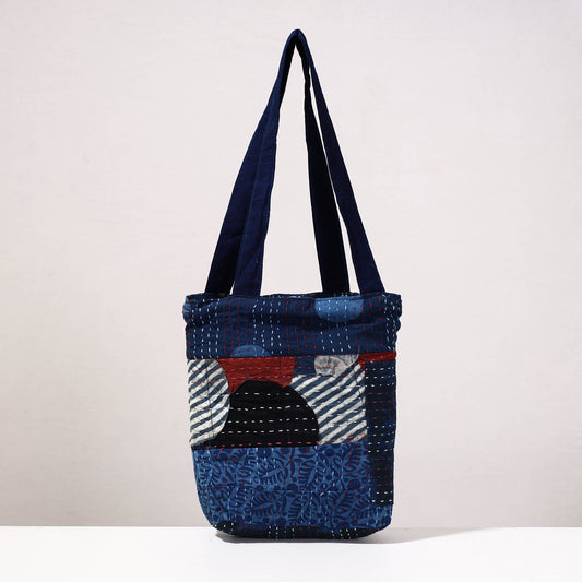 Blue - Kantha Work Block Print Cotton Shoulder Bag