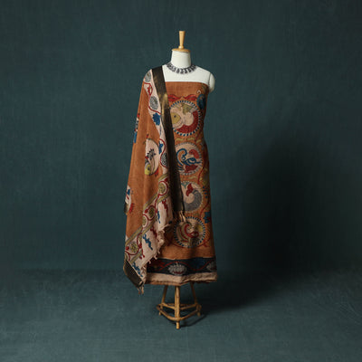 Handpainted Srikalahasti Pen Work Kalamkari Natural Dyed Bangalore Silk 2pc Unstitched Dress Material Kurta Set 31
