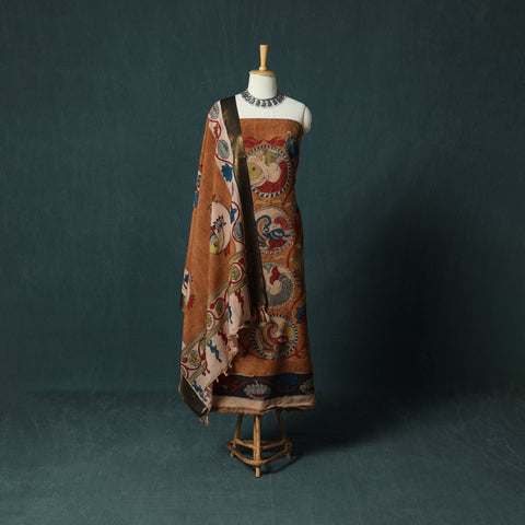 Handpainted Srikalahasti Pen Work Kalamkari Natural Dyed Bangalore Silk 2pc Unstitched Dress Material Kurta Set 31