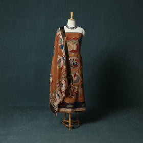 Handpainted Srikalahasti Pen Work Kalamkari Natural Dyed Bangalore Silk 2pc Unstitched Dress Material Kurta Set 31