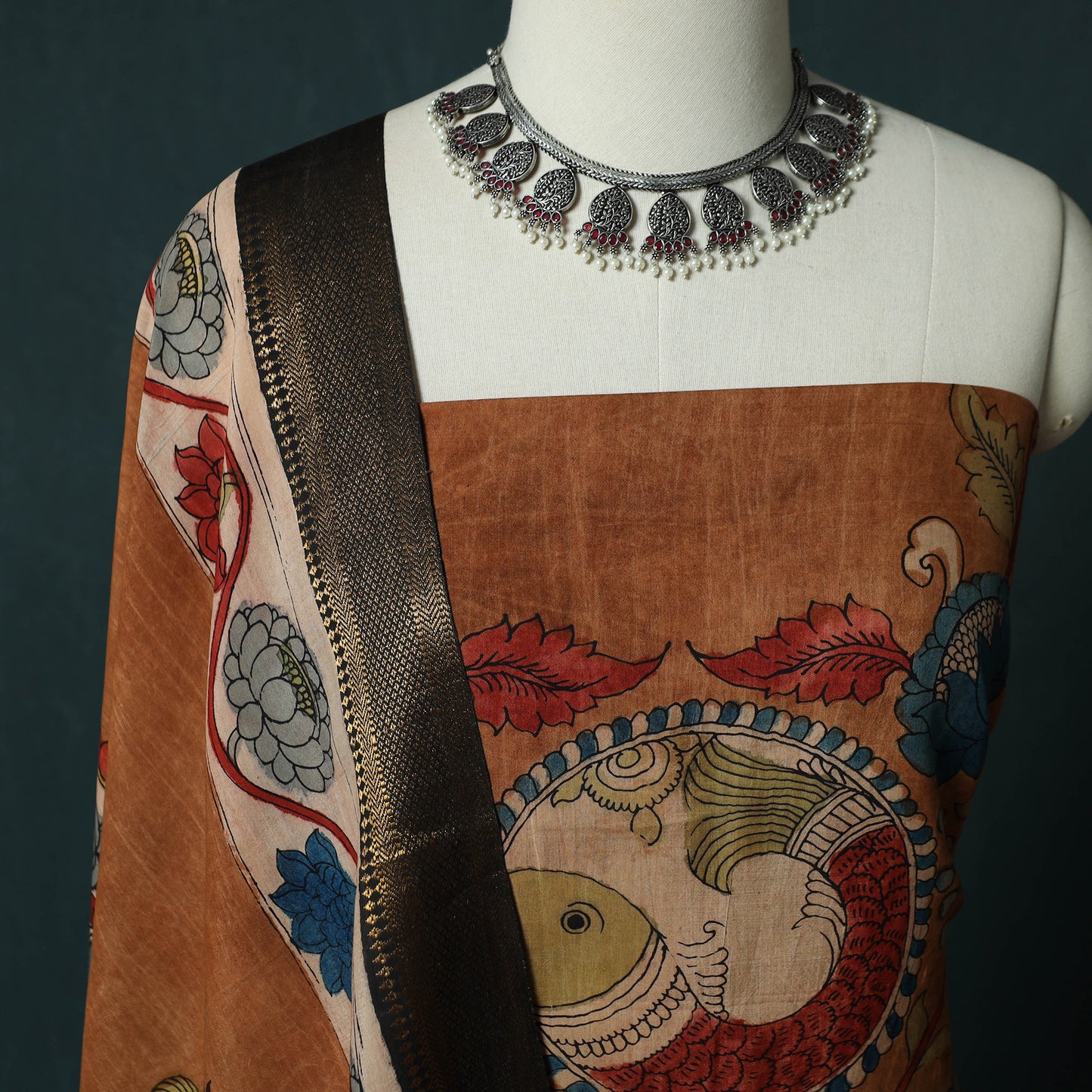 Handpainted Srikalahasti Pen Work Kalamkari Natural Dyed Bangalore Silk 2pc Unstitched Dress Material Kurta Set 31