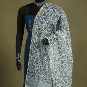 White Block Print Kota Doria Cotton Sanganeri Floral Dupatta 